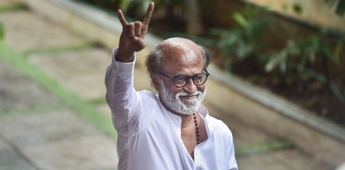Actor-turned-politician Rajinikanth gestures during a press conference to announce the launch of his political party in January 2021, in Chennai, Thursday, Dec. 3, 2020. Credit: PTI Photo