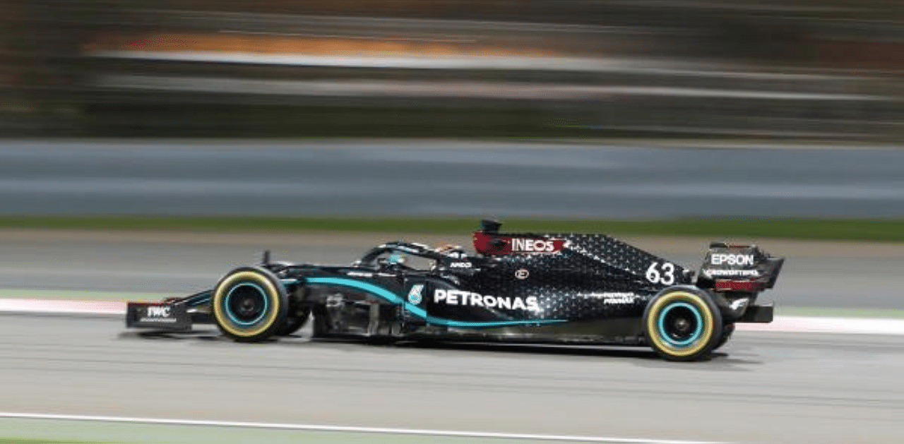 Mercedes' British driver George Russell drives during the Sakhir Formula One Grand Prix at the Bahrain International Circuit in the city of Sakhir on Sunday. Credit: AFP