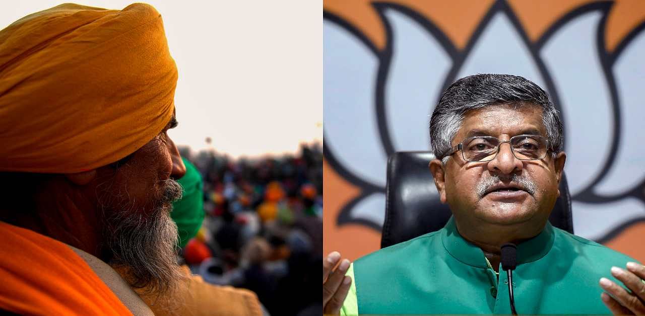 Prasad (R) was fielded to counter the Opposition a day before the Bharat Bandh called by the farmers' organisations on Tuesday. Around 18 non-BJP parties have pledged support to the Bharat Bandh call given by the farmers' organisations.Credit: AFP/ PTI
