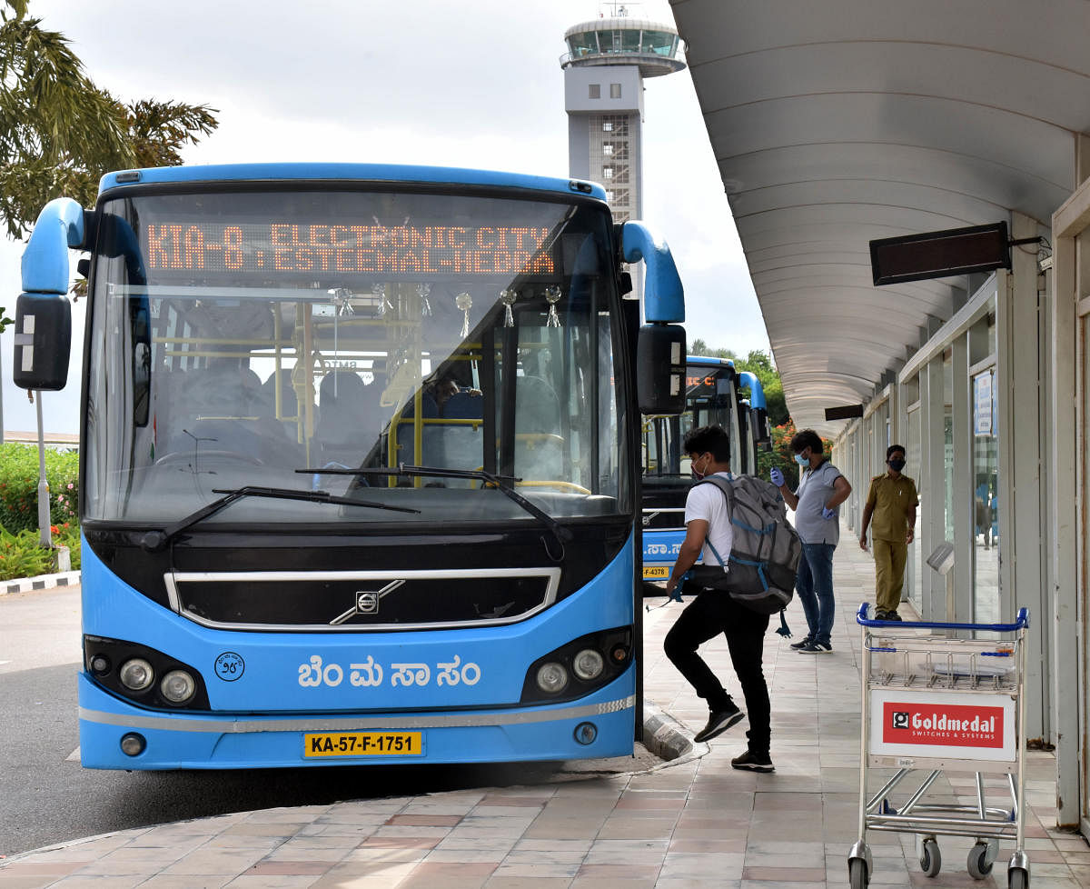 A passenger boards a Vayu Vajra bus at the Kempegowda International Airport, Bengaluru, on June 15, 2020. DH PHOTO/JANARDHAN B K