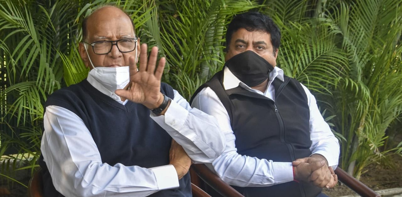 Nationalist Congress Party (NCP) Chief Sharad Pawar addresses media at his residence. Credit: PTI Photo