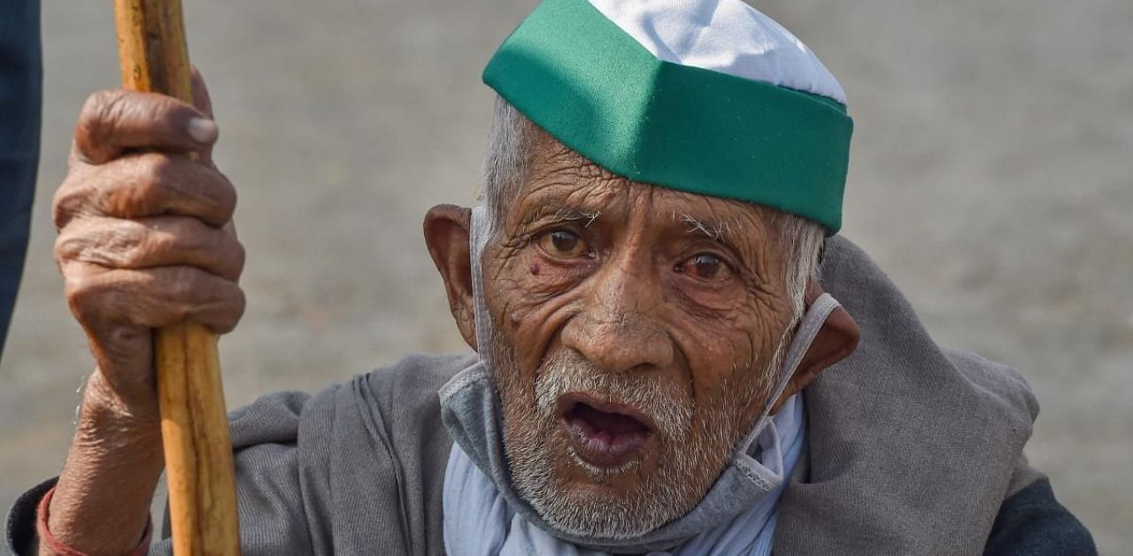  A farmer protests against the Centre's farm reform laws. Credit: PTI Photo