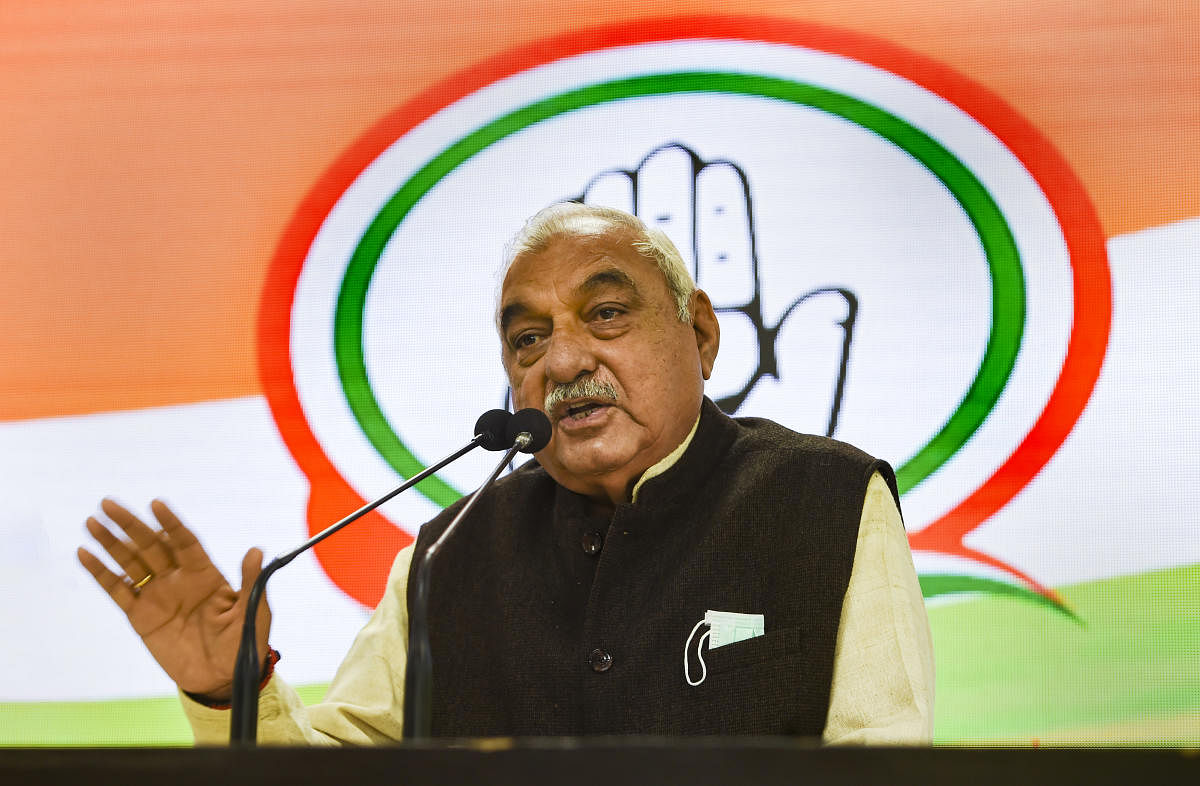 Senior Congress leader Bhupinder Singh Hooda addresses a press conference on the ongoing farmers' movement over Centre's agri-laws, in New Delhi, Tuesday, Dec. 8, 2020.  Credit: PTI Photo