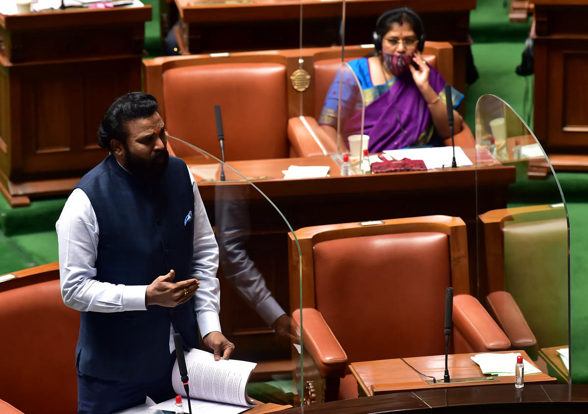 Social Welfare Minister B Sriramulu speaks at the Assembly session on Wednesday. 