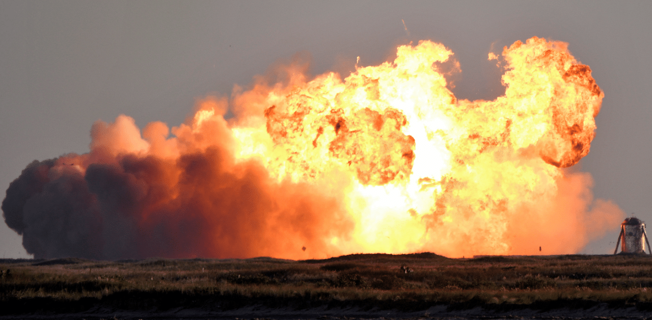 SpaceX's first super heavy-lift Starship SN8 rocket explodes during a return-landing attempt after it launched from their facility on a test flight in Boca Chica, Texas. Credit: Reuters