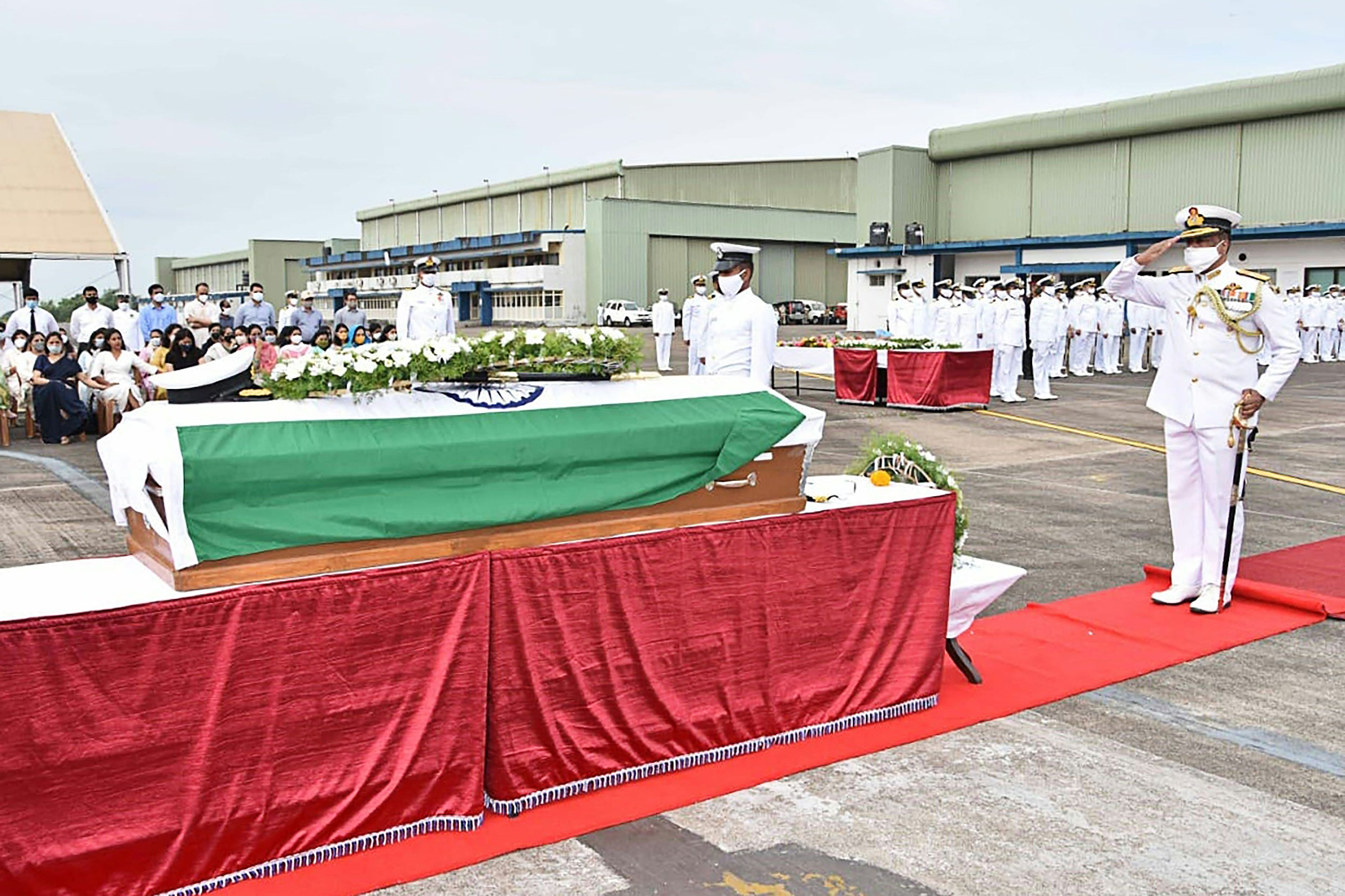  Indian Navy bidding farewell to commander Nishant Singh who lost his life in a MiG-29K aircraft crash off the coast of western Goa state on November 26, in Goa. Credit: Defence Public Relations Office (PRO) of Mumbai/AFP
