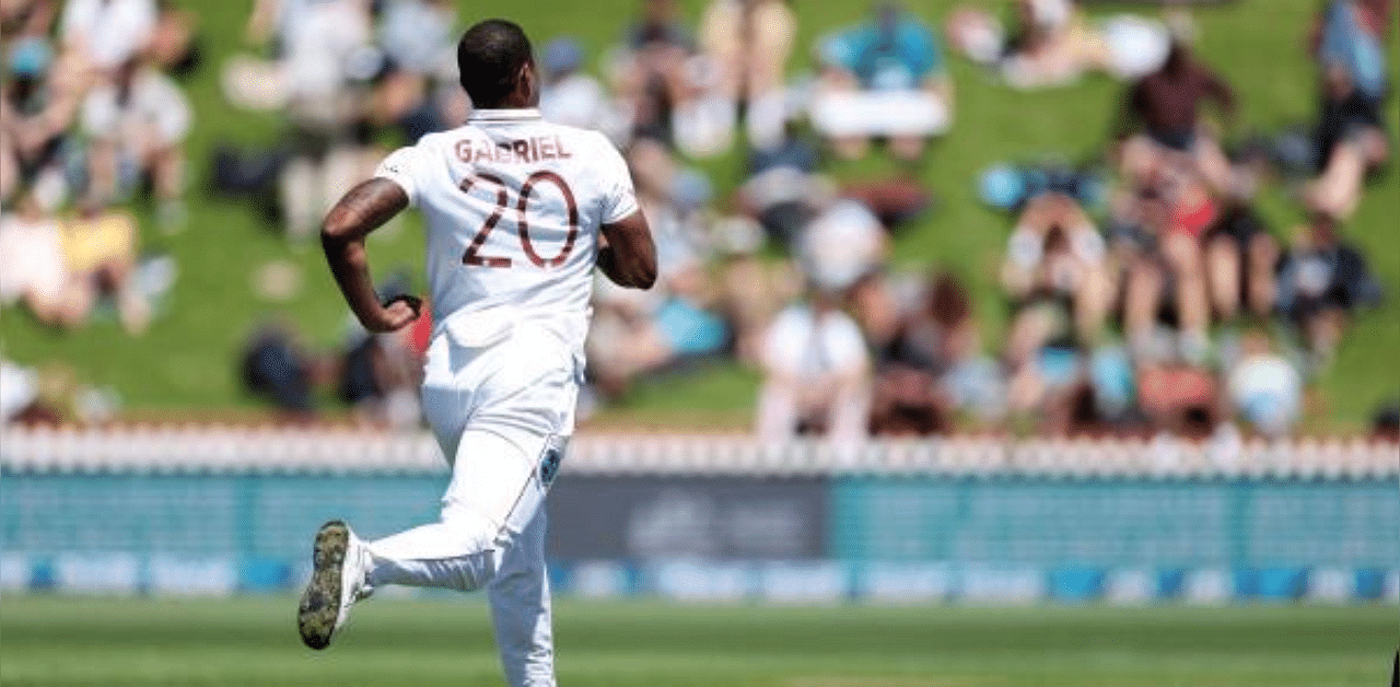 West Indies' Shannon Gabriel bowls during the 2nd Test cricket test match between New Zealand and the West Indies at the Basin Reserve in Wellington. Credit: AFP
