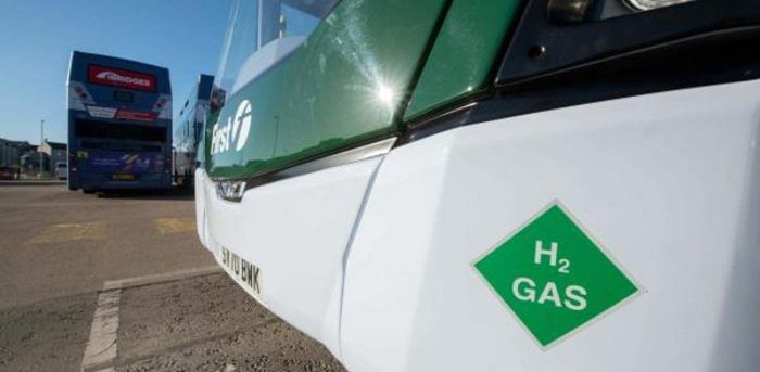 A hydrogen-powered double-decker bus is pictured in Ellon in Aberdeenshire, Scotland. Credit: AFP File Photo 