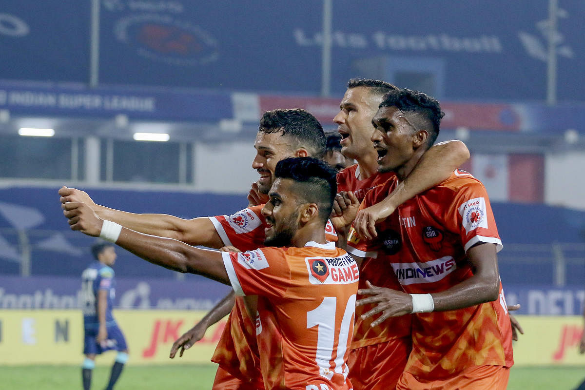  FC Goa players celebrate a goal during Indian Super League match between FC Goa and Kerala Blasters FC. Credit: PTI Photo. 