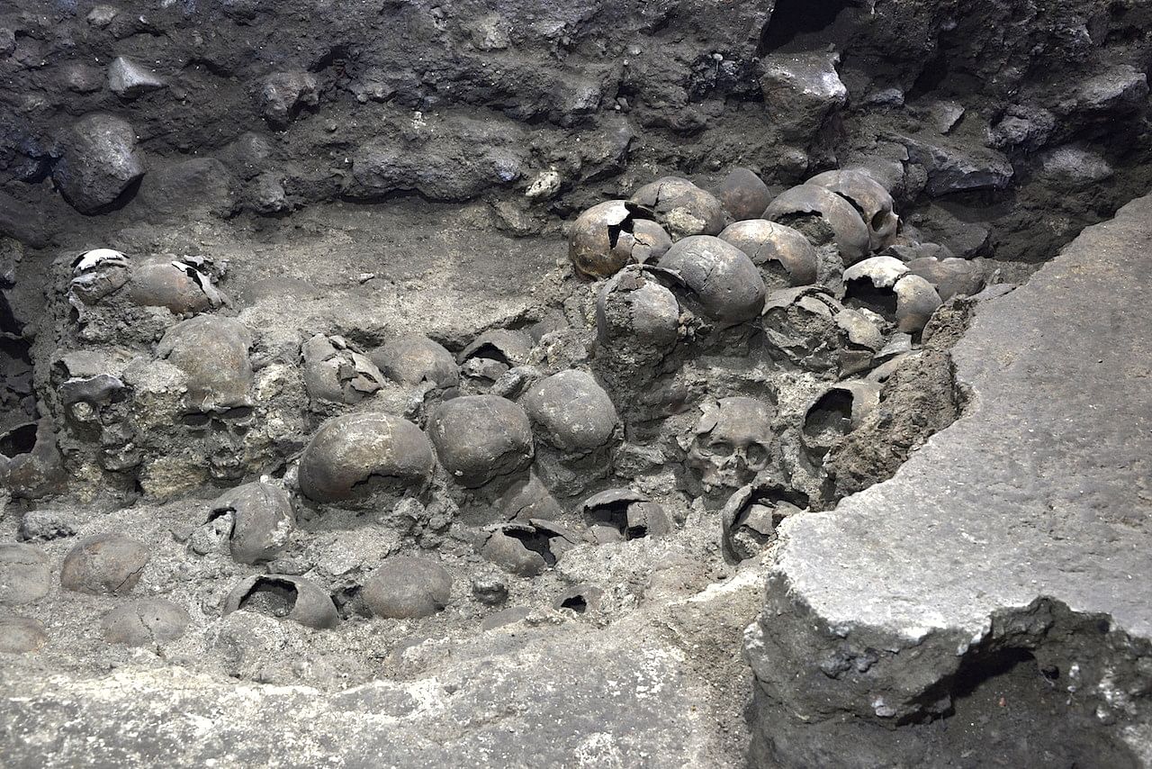 A photo shows parts of an Aztec tower of human skulls, believed to form part of the Huey Tzompantli, a massive array of skulls that struck fear into the Spanish conquistadores when they captured the city under Hernan Cortes, at the Templo Mayor archaeology site, in Mexico City, Mexico September 22, 2020. Picture taken September 22, 2020. Credit: INAH - National Institute of Anthropology and History/Handout via REUTERS