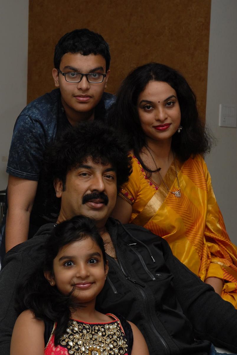 Gurukiran with wife Pallavi and children Hridhay and Shravya. Credit: Photo by Special Arrangement
