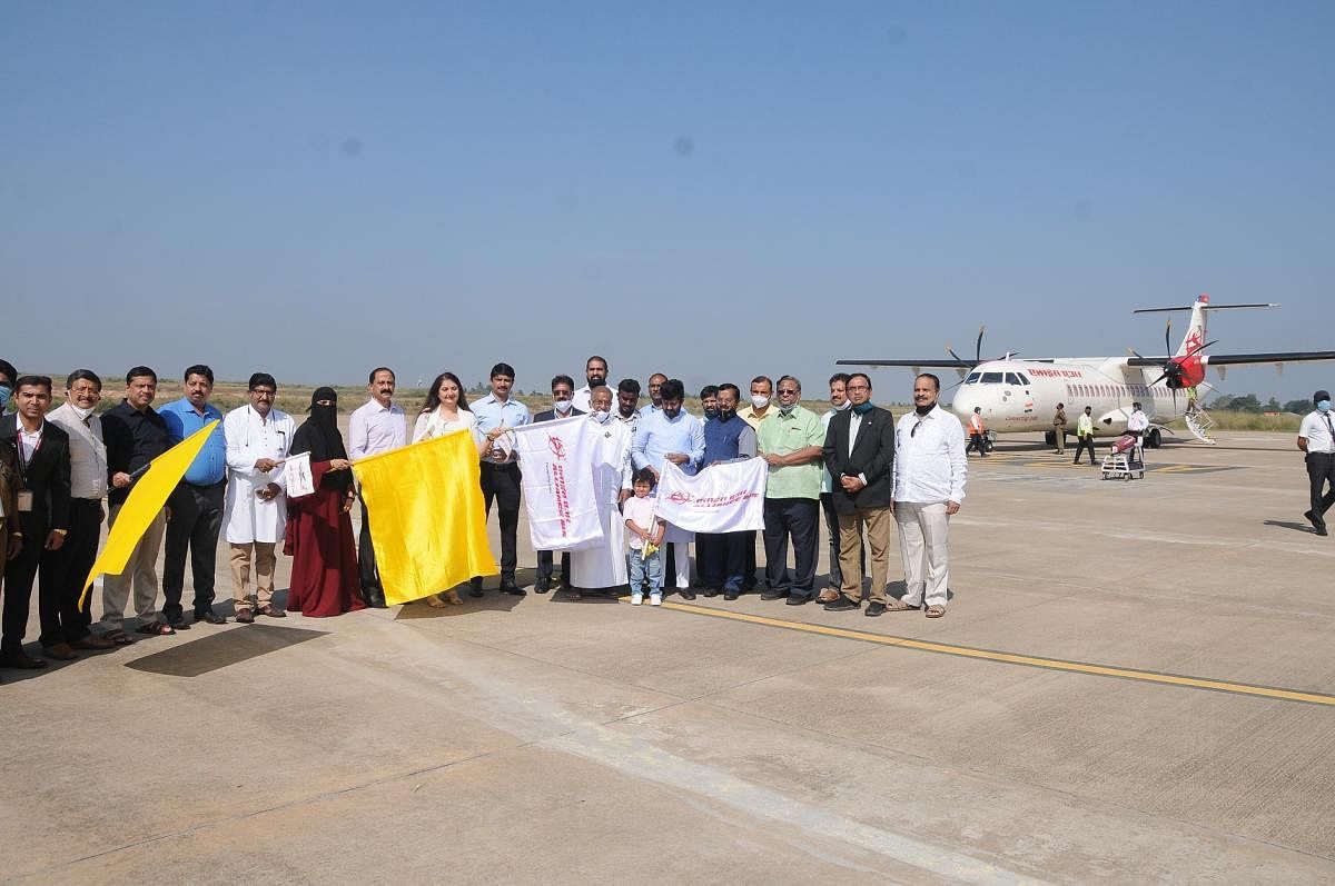 MP Prathap Simha launches the first-ever flight from Mysuru to Mangaluru, at Mysuru Airport, Mandakalli, in Mysuru, on Friday.
