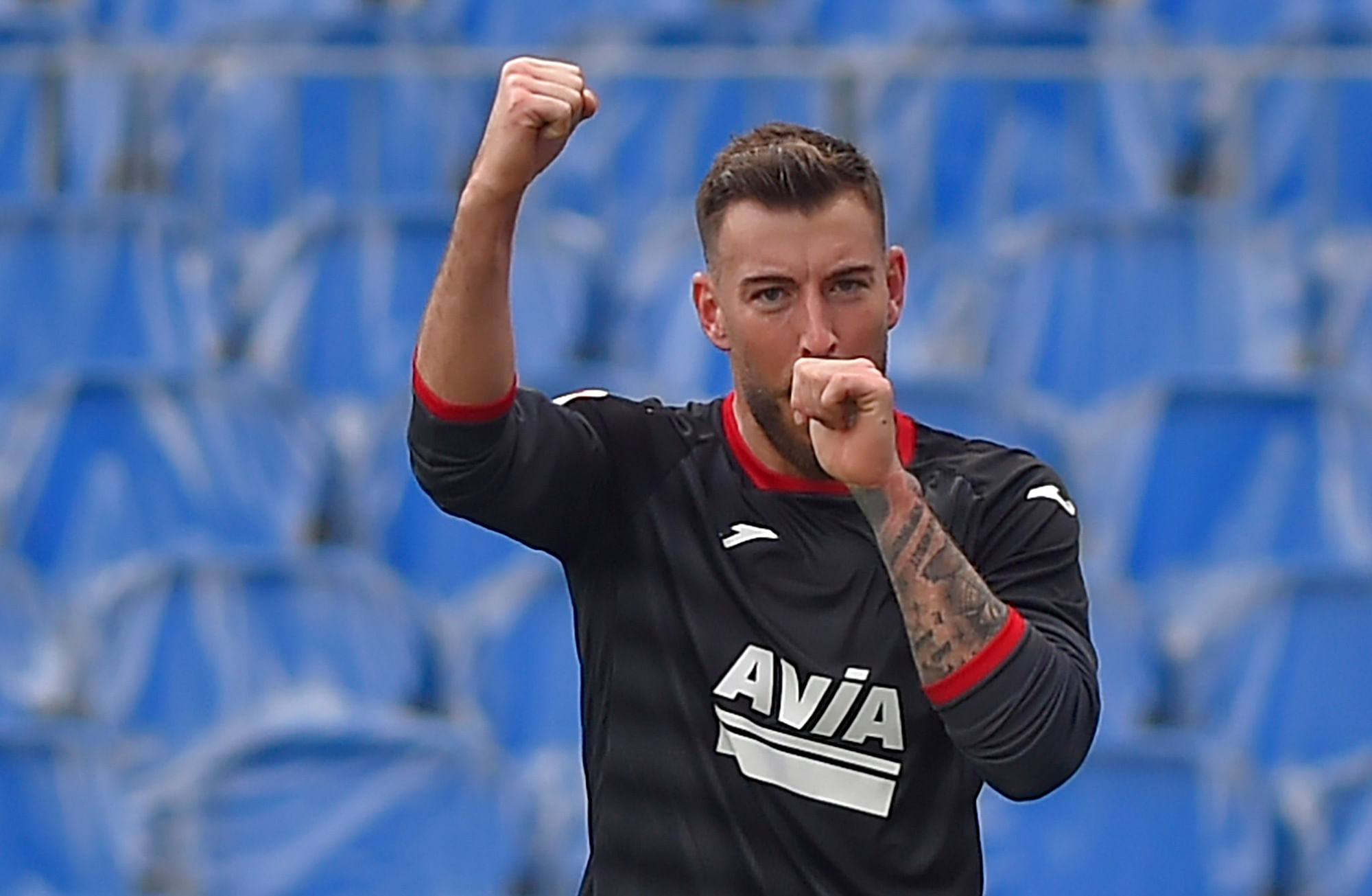 Eibar's Spanish forward Sergi Enrich celebrates after scoring a goal during the Spanish league football match between Real Sociedad and SD Eibar at the Anoeta stadium in San Sebastian on December 13, 2020. Credit: AFP Photo