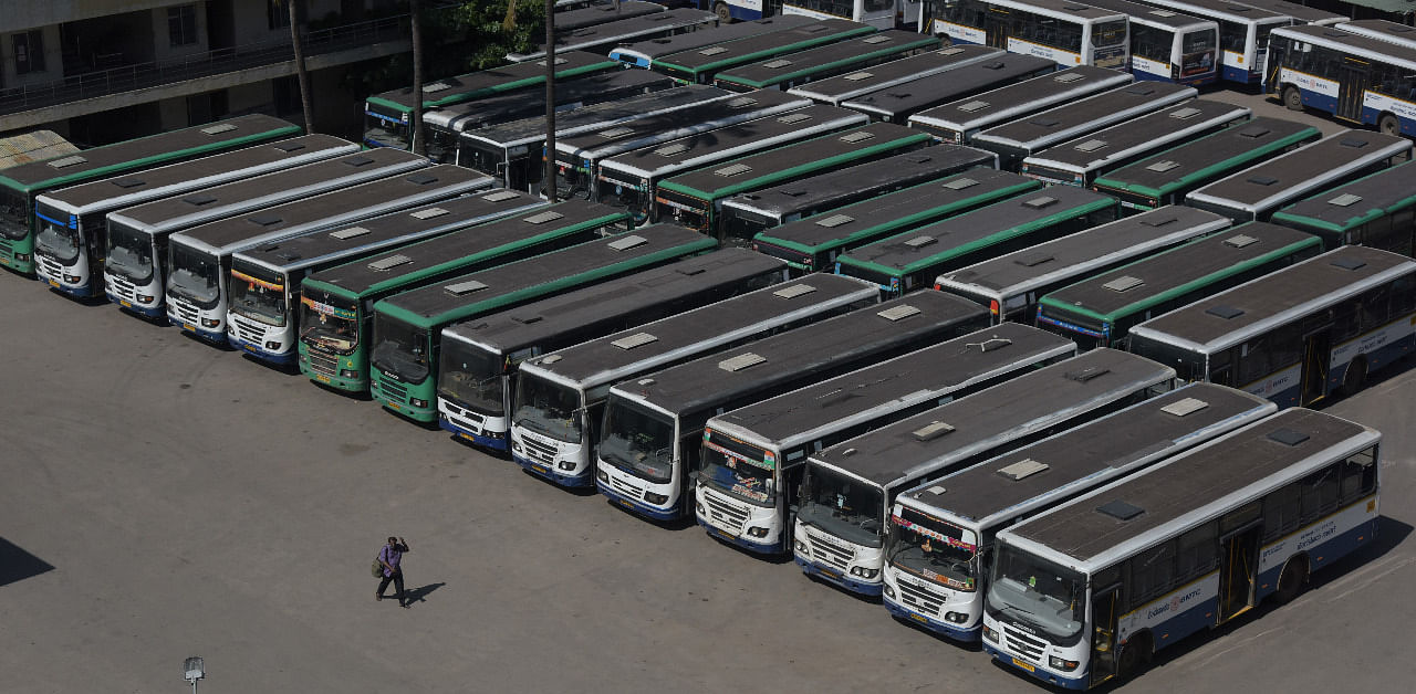 State-owned transport buses parked at Yeshwanthpura Depot, during a strike called by its employees on demanding that the transport workers be treated as government employees. Credit: DH Photo/B H Shivakumar