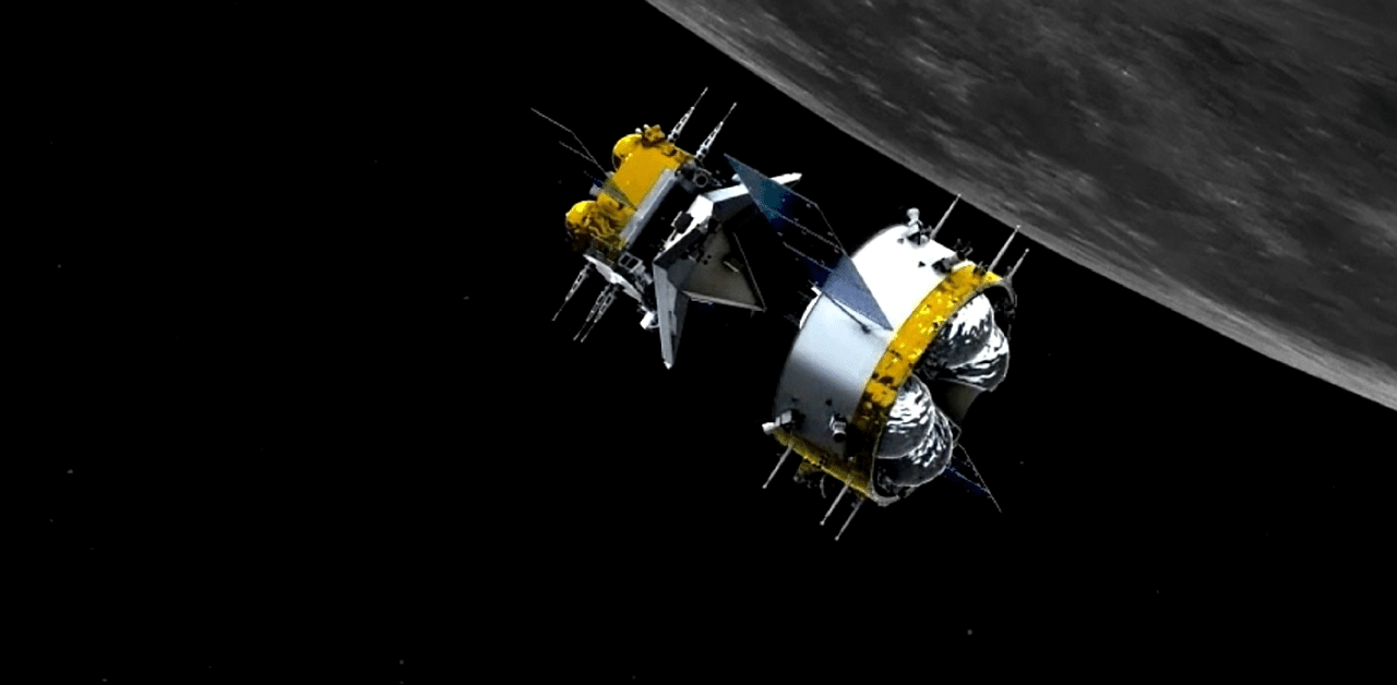 This graphic simulation image is provided by China National Space Administration, showing the orbiter and returner combination of China's Chang'e-5 probe. Credit: AP