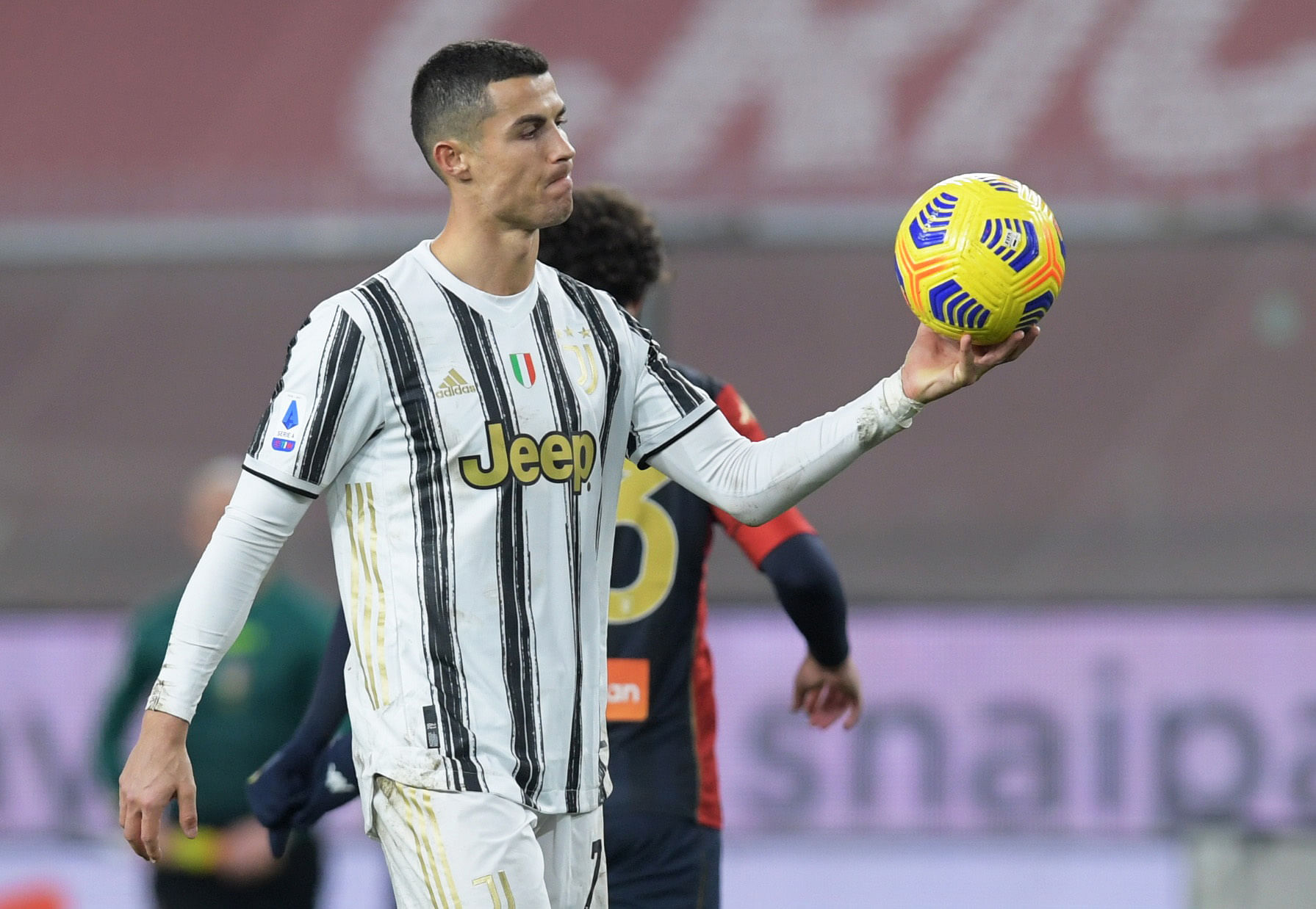 2020 Juventus' Cristiano Ronaldo holding the ball after the match. Credit: REUTERS