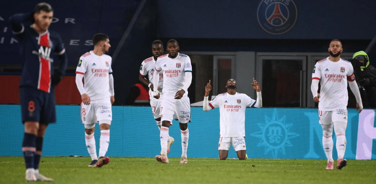 Lyon's Zimbabwean forward Tino Kadewere celebrates after scoring the only goal during the French Ligue 1 match between Paris Saint-Germain (PSG) and Lyon (OL). Credit: AFP