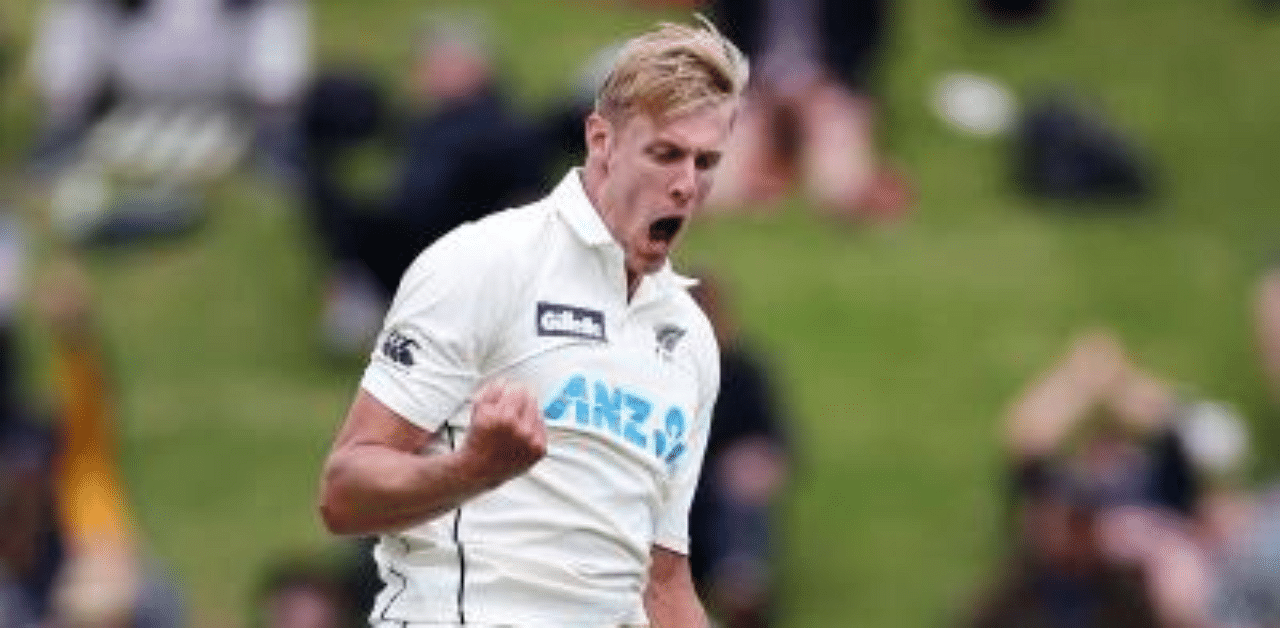 New Zealand's paceman Kyle Jamieson celebrates the wicket of West Indies batsman John Campbell on day three of the second cricket Test match between New Zealand and the West Indies at the Basin Reserve in Wellington. Credit: AFP