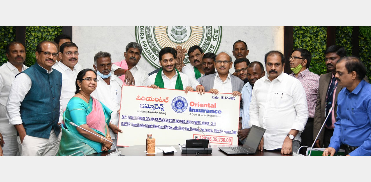 Andhra Pradesh Chief Minister Jaganmohan Reddy launching the ‘YSR Free Crop Insurance’ scheme on Tuesday. Credit: DH photo by arrangement