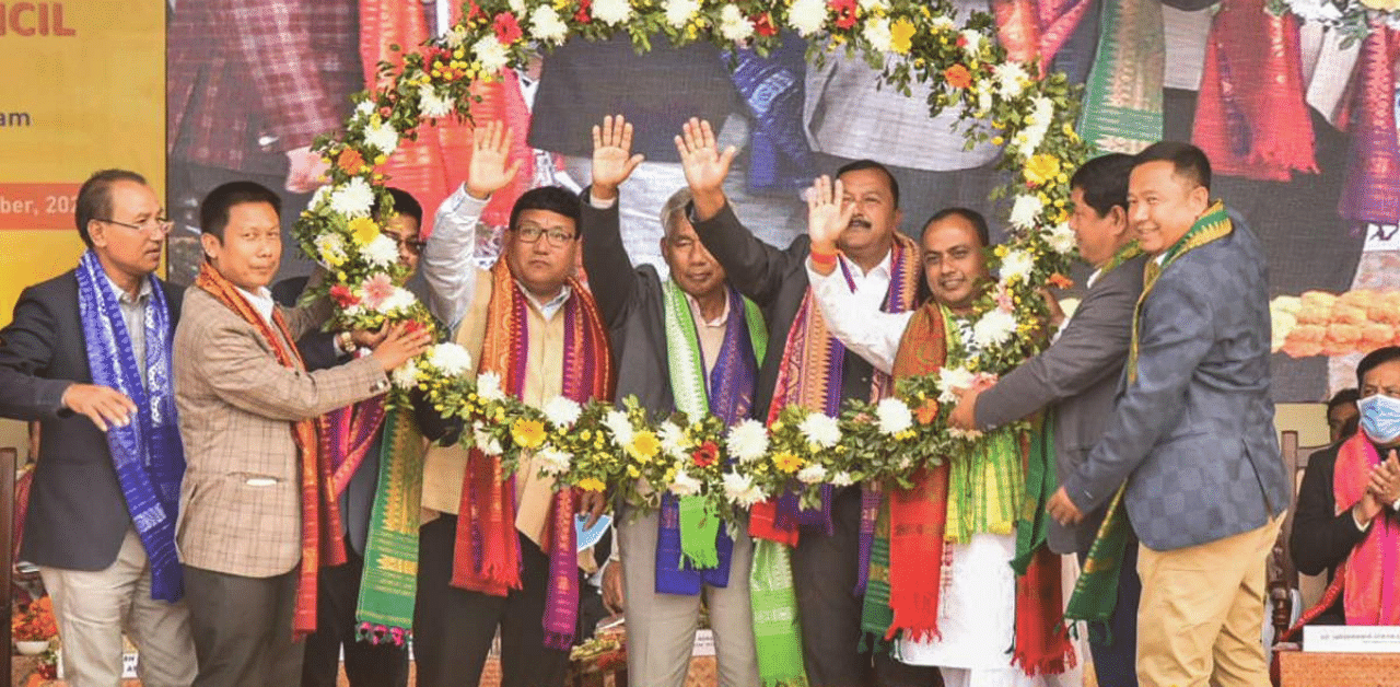 United People's Party Liberal (UPPL) President Promod Boro and Gobinda Basumatary are felicitated after being sworn-in as the new Chief Executive Member (CEM) and Deputy CEM of the Bodoland Territorial Council (BTC) at an oath-taking ceremony at Greenfield, in Kokrajhar, Credit: PTI Photo