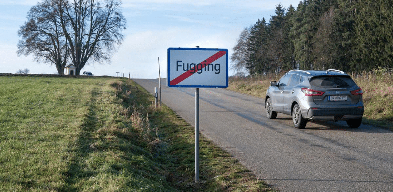 A newly installed village sign is seen at an Upper Austrian village that was forced to change its notorious name. Credit: AFP Photo