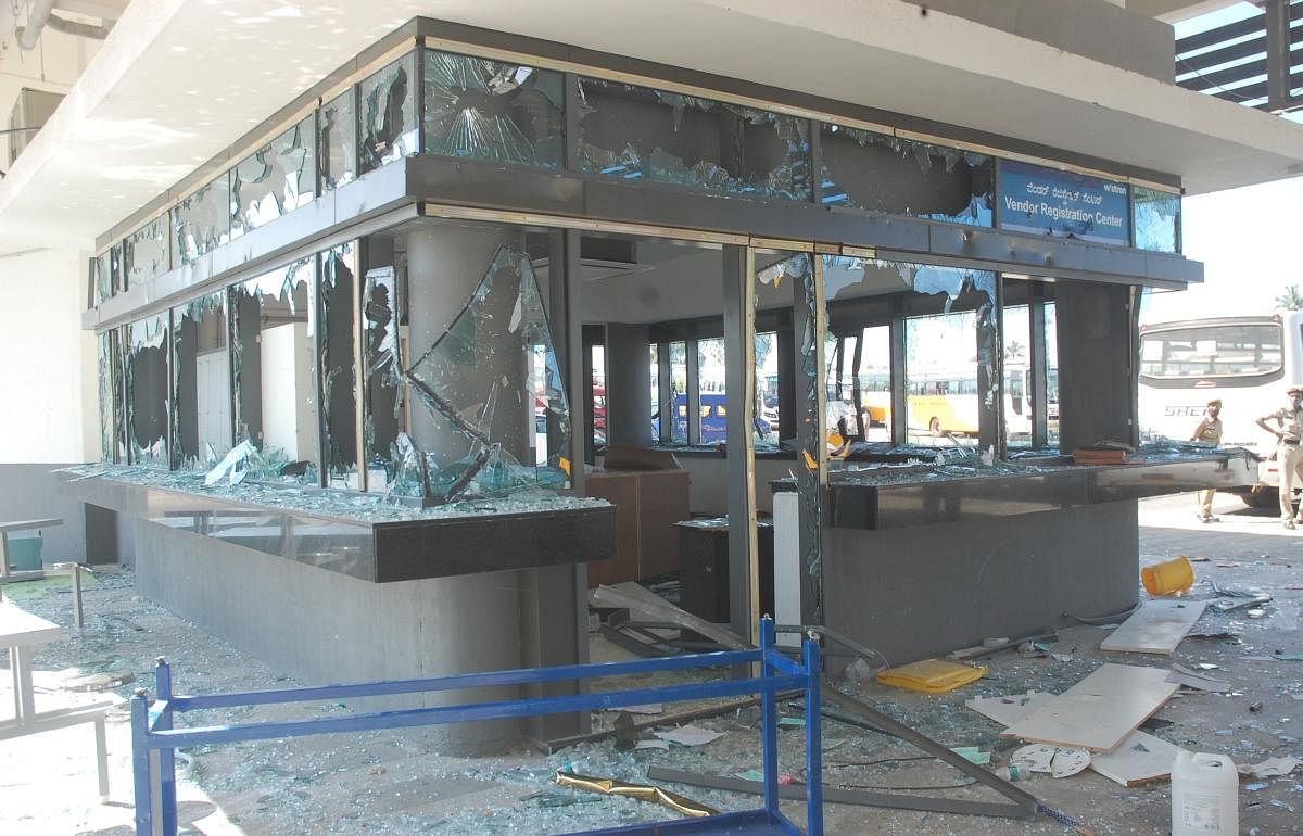 A smashed glass booth at the Wistron Infocomm factory in Kolar district which was smashed by angry emplpoyees on Saturday. Credit: Special Arrangement