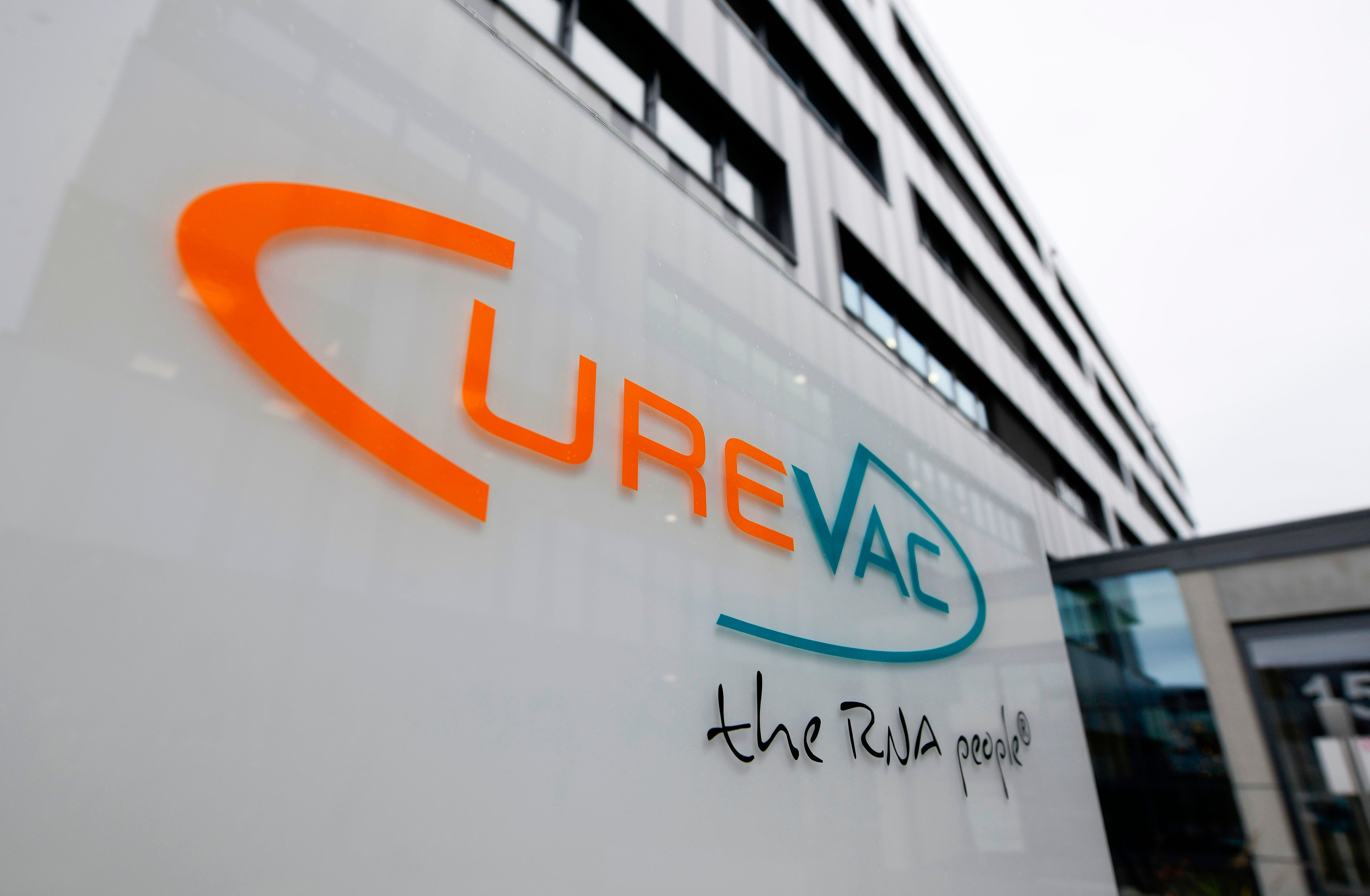 The logo of the biopharmaceutical company CureVac. Credit: AFP Photo