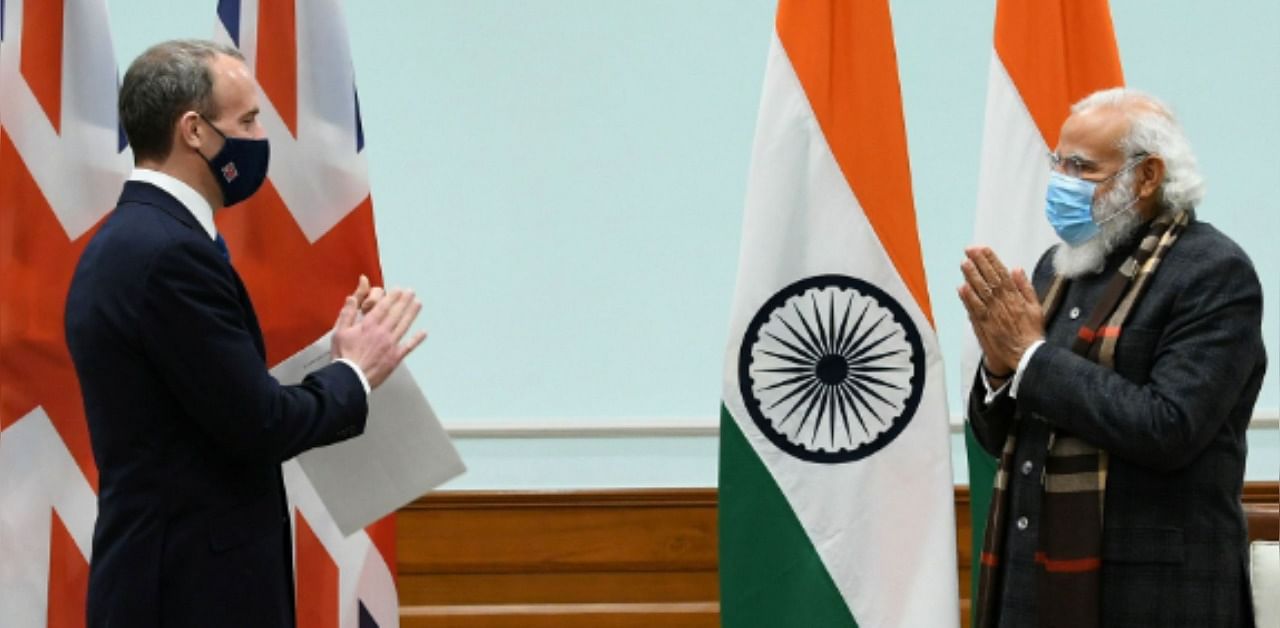 British Foreign Secretary Dominic Raab called on Prime Minister Narendra Modi. Credit: Twitter Photo/@narendramodi