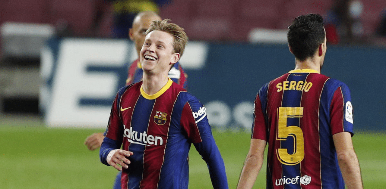 Frenkie de Jong celebrates scoring Barcelona's winner in their 2-1 victory over Real Sociedad in the La Liga at Camp Nou, Barcelona. Credit: Reuters
