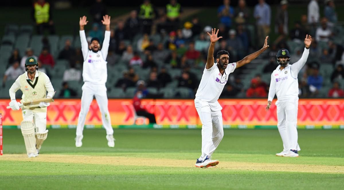  Ravi Ashwin (2/R) appeals for an LBW decision against Australia's Nathan Lyon (L) during the second day of the first cricket Test match between Australia and India played in Adelaide. Credit: AFP