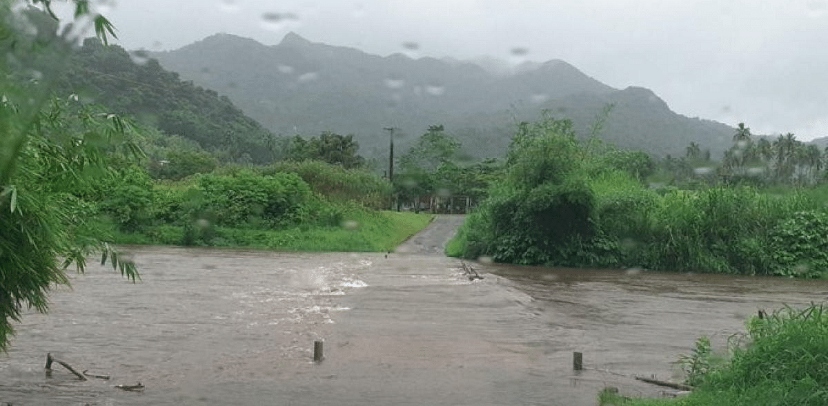 The Bagata Crossing is seen flooded on Vunivesi Road in Savusavu, as Cyclone Yasa passes through Fiji. Credit: Reuters Photo