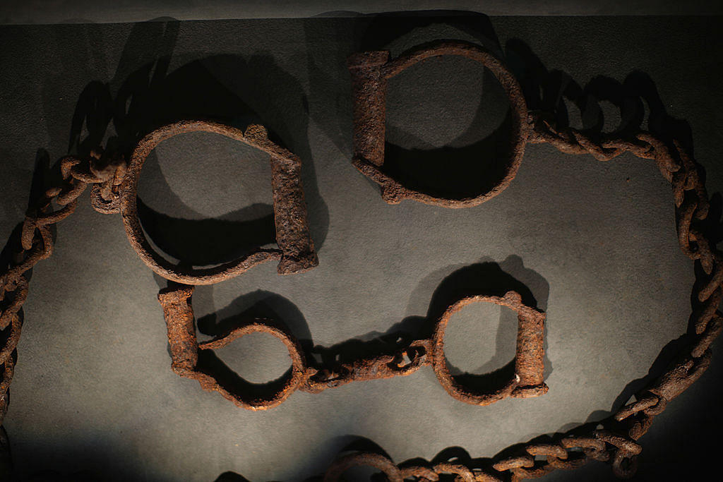 Shackles which were used to tether slaves on display at the International Slavery Museum on February 9, 2012 in Liverpool, England. The maritime city of Liverpool has seven museums of national importance which include the World Museum, the Walker Art Gallery, Merseyside Maritime Museum, the International Slavery Museum, Lady Lever Art Gallery, Sudley House and the new Museum of Liverpool. Together they attract over three million visitors annually. Credit: Getty Images.