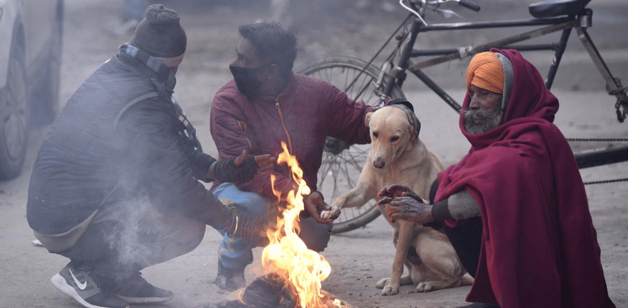 Rickshaw pullers along with a dog sit around a bonfire to warm themselves on a cold winter morning in Amritsar. Credit: AFP