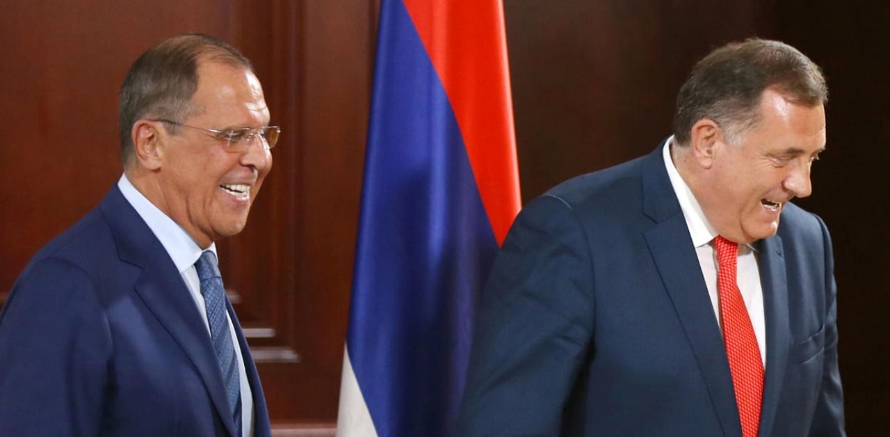 Russia's Foreign Minister Sergei Lavrov and President of the Republika Srpska, Milorad Dodik leave a the end of a news conference after their meeting in Banja Luka. Credit: Reuters file photo.