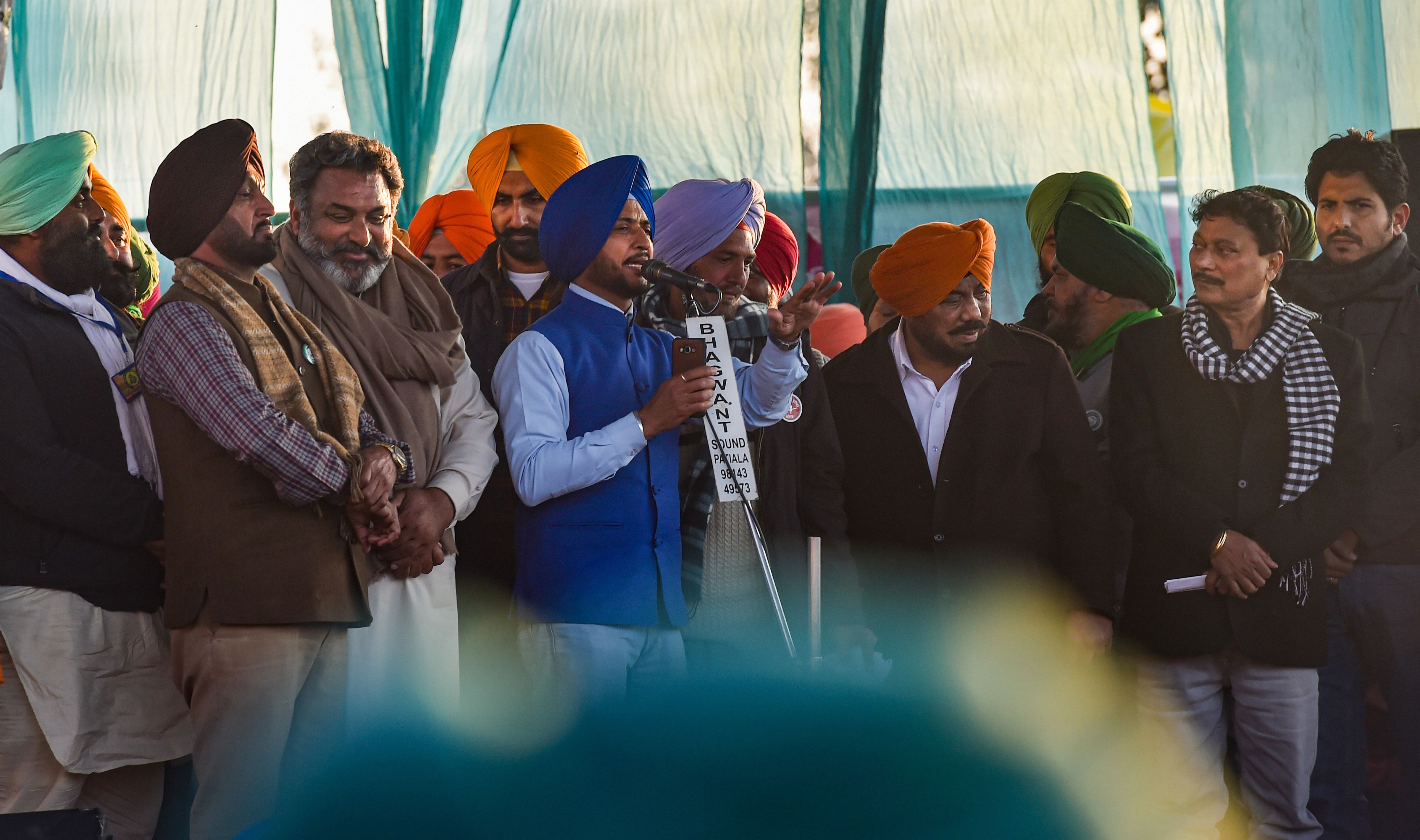 Punjabi actors and singers at Singhu border during their sit-in protest against the Centre's farm reform laws. Credit: PTI Photo