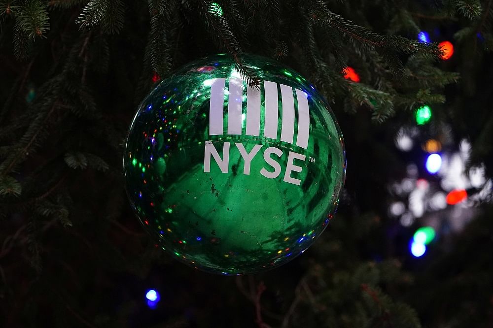 Decorations on a Christmas tree are pictured outside the New York Stock Exchange during the coronavirus disease (Covid-19) pandemic in the Manhattan. Credit: Reuters Photo