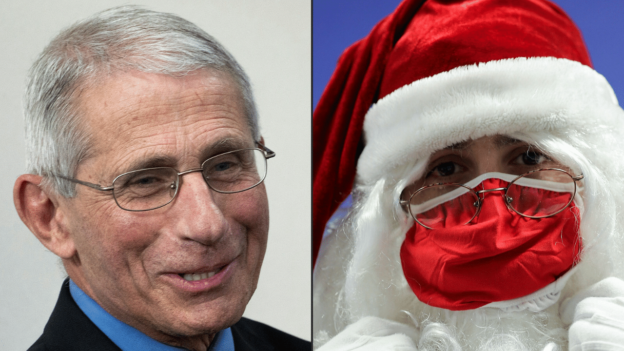 Director of the National Institute of Allergy and Infectious Diseases Anthony Fauci at the White House and a man dressed as Santa Claus wearing a red face mask. Credit: AFP Photo
