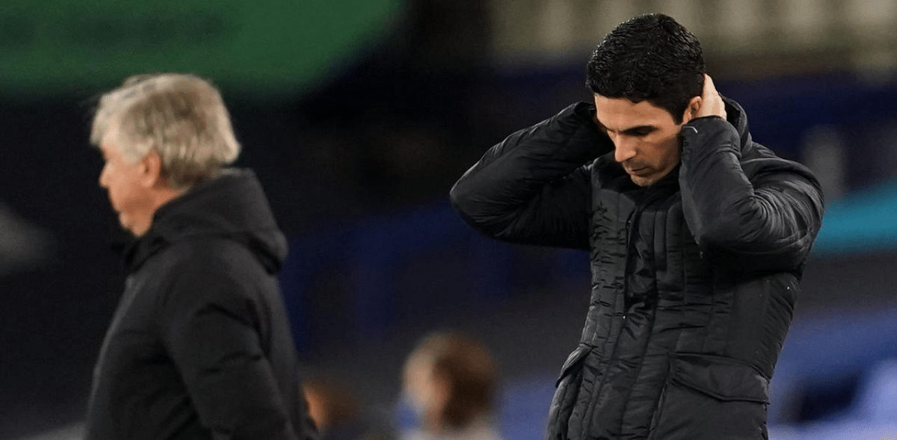 Arsenal's Spanish manager Mikel Arteta reacts during their 2-1 defeat in the Premier League fixture against Everton at Goodison Park in Liverpool. Credit: AFP