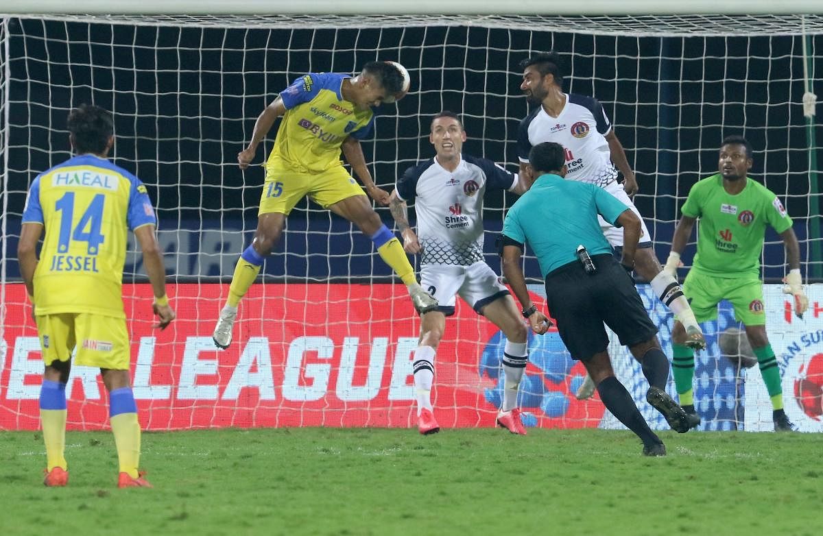 Jackson Singh Thounaojam of Kerala Blasters FC scores a goal during the 7th season of the Hero Indian Super League between Kerala Blasters FC and SC East Bengal, at the GMC Stadium Bambolim in Goa. Credit: PTI