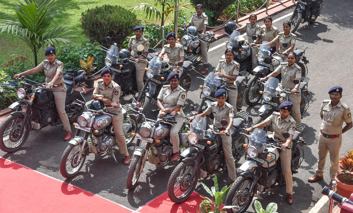Women Police officers held a Royal Enfield bike rally at CAR in Bengaluru. Photo by S K Dinesh