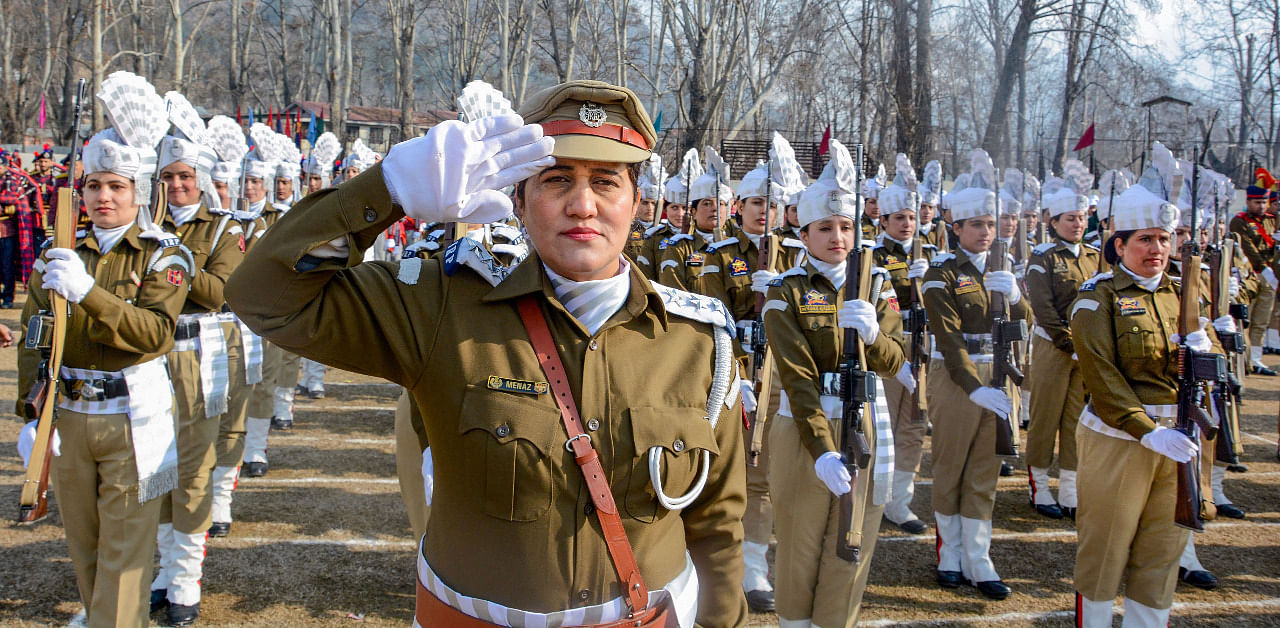 An all-women contingent of J & K Police during full dress rehearsal for the Republic Day function, at Sher-e-Kashmir Stadium in Srinagar. Credit: PTI Photo