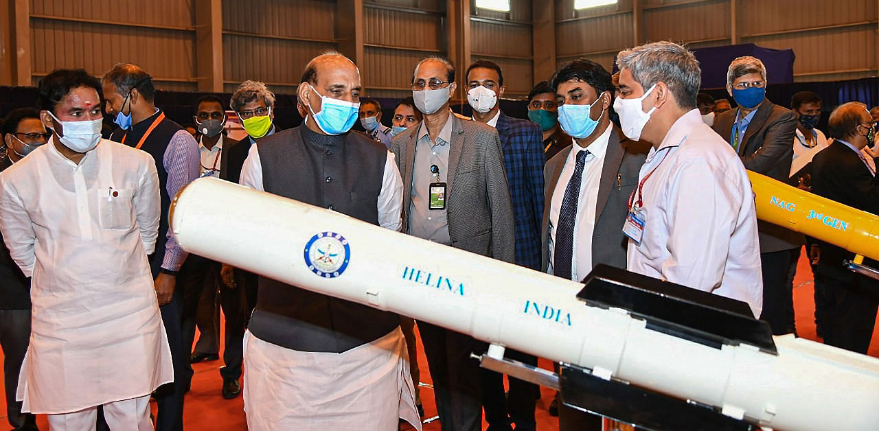 Defence Minister Rajnath Singh during his visit to DRDO's Dr APJ Abdul Kalam Missile Complex, in Hyderabad. Credit: PTI Photo