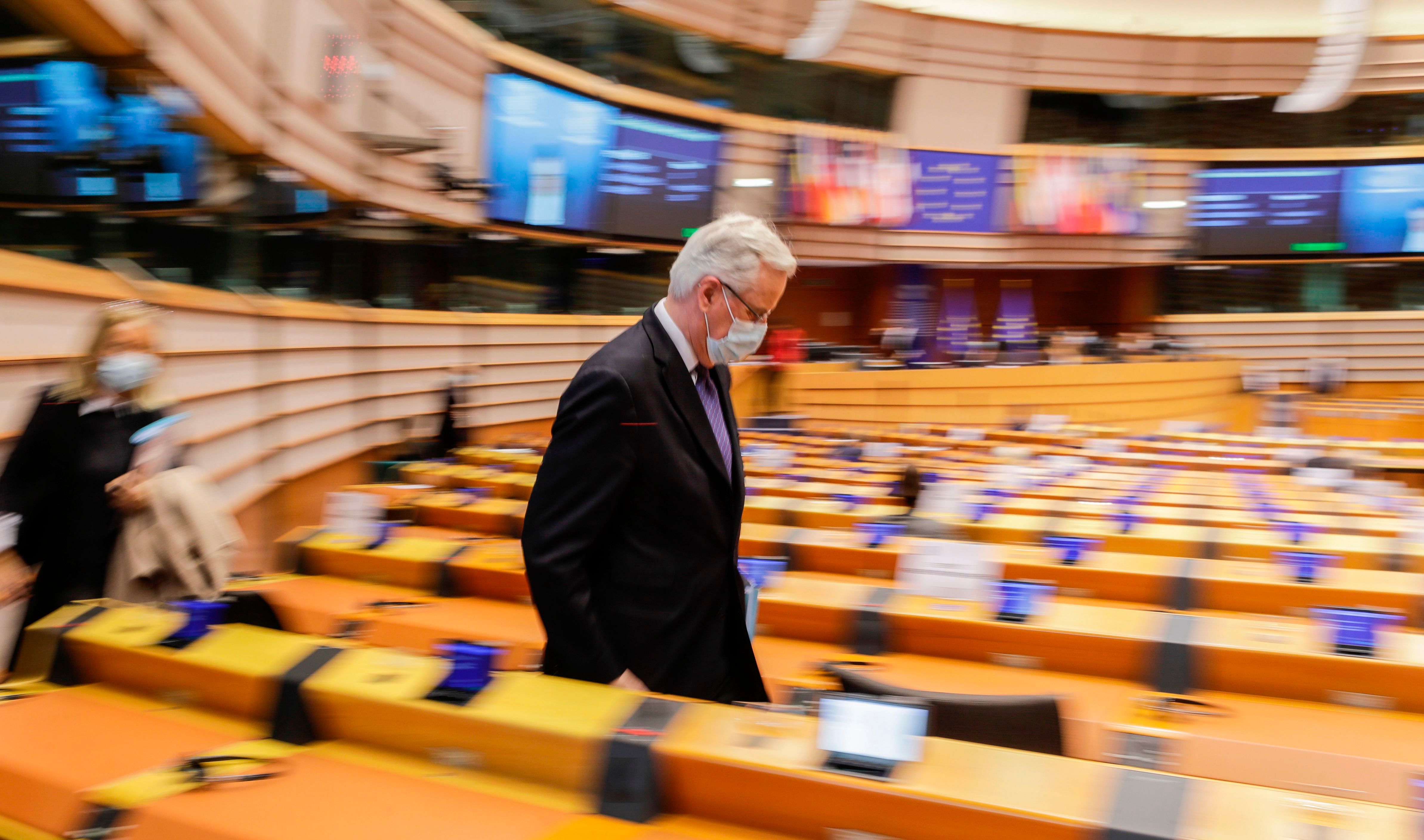 EU chief negotiator Michel Barnier leaves the hemicycle during a debate on the future of the relation between the EU and UK. Credit: AFP Photo