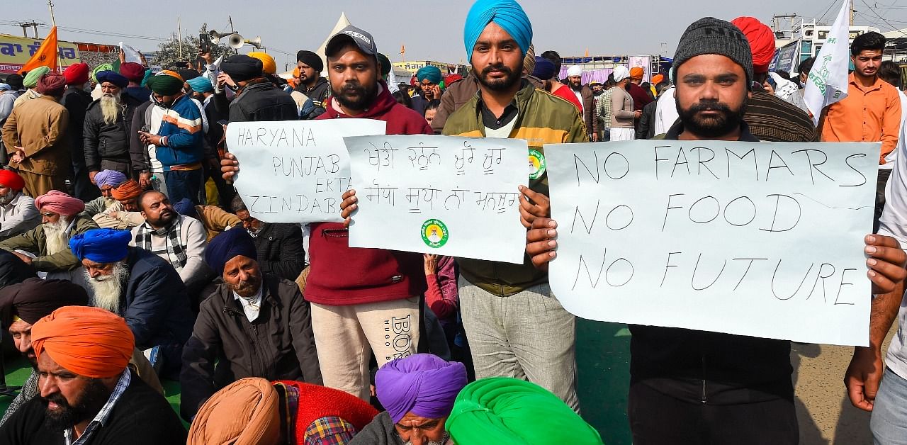 Farmers gather at Singhu border during their sit-in protest against the Centre's farm reform laws. Credit: PTI Photo