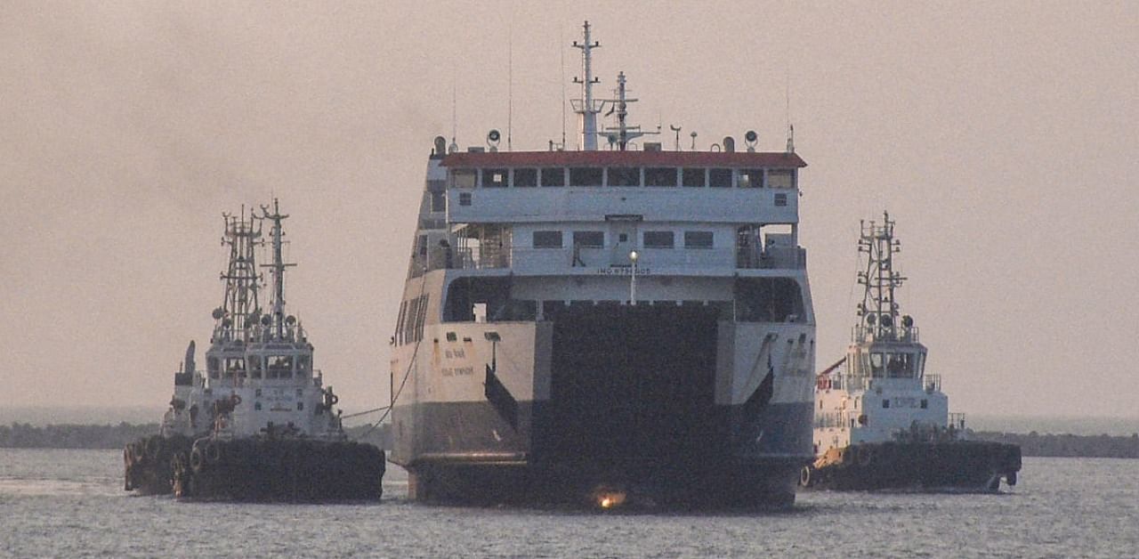 Ro-Pax ferry vessel ‘Voyage Symphony’ on trial ahead of the launch of its service between Hazira and Ghogha. Credit: PTI.