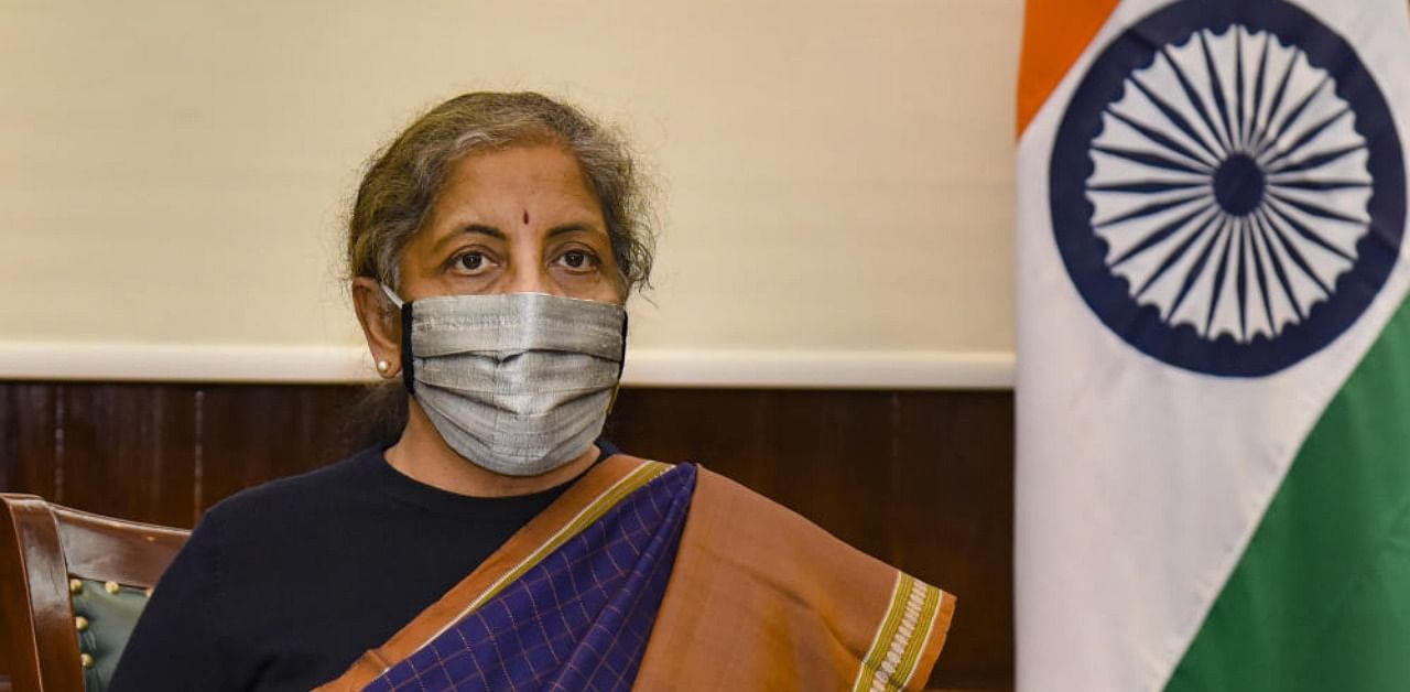 Finance Minister Nirmala Sitharaman during a pre-budget meeting with infra and climate change experts, at North Block in New Delhi. Credit: PTI/Handout.