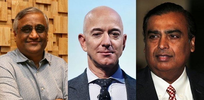 Kishore Biyani, Jeff Bezos and Mukesh Ambani. Credit: DH Collage