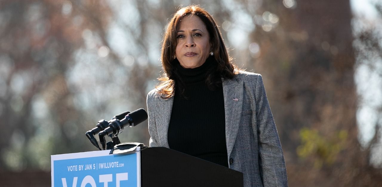 Vice President-elect Kamala Harris campaigns in support of Georgia Democratic Senate candidates Rev. Raphael Warnock and Jon Ossoff during a drive-in rally. Credit: AFP Photo