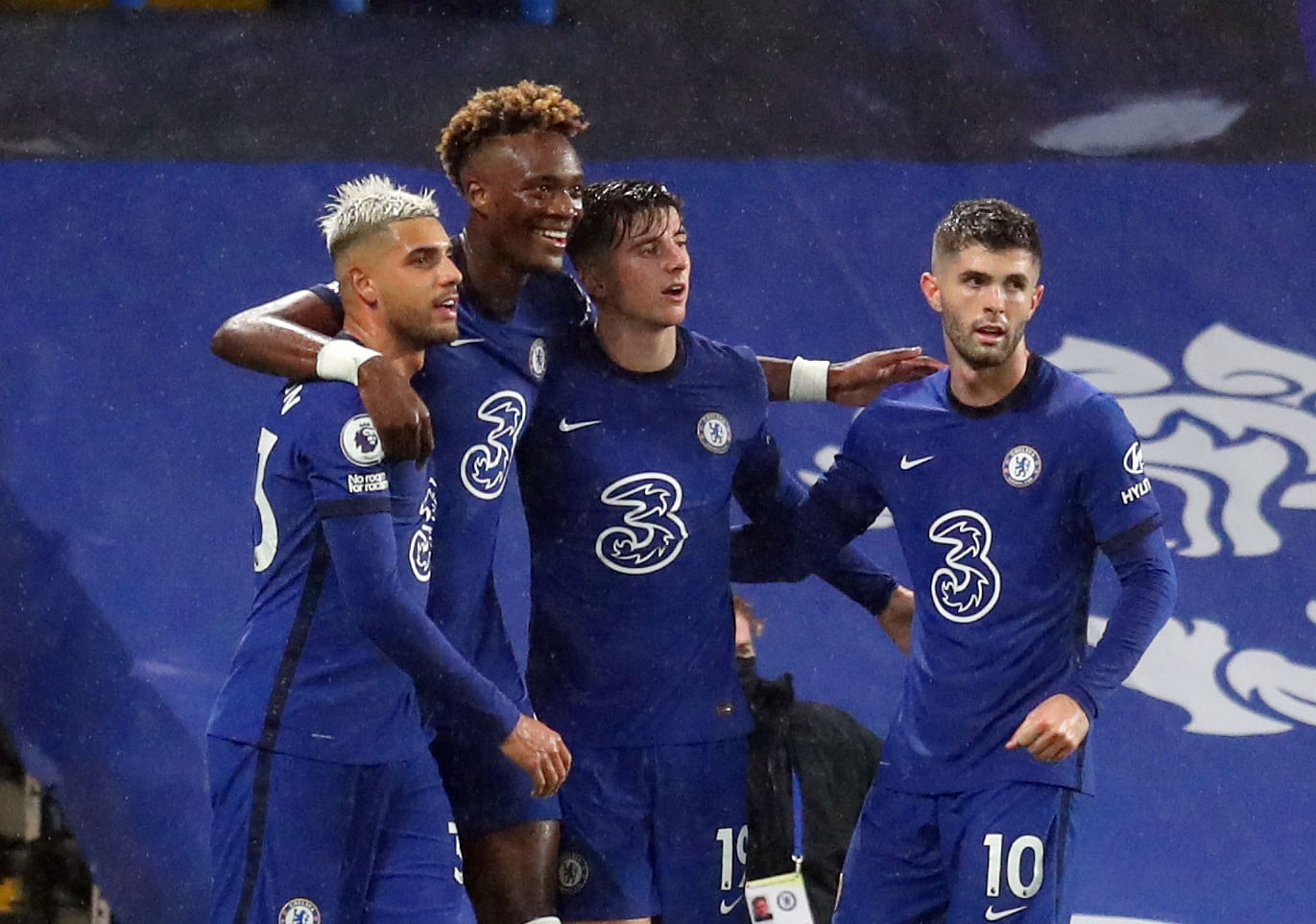 Chelsea's Tammy Abraham celebrates scoring their second goal with Emerson, Mason Mount and Christian Pulisic Pool. Credit: Reuters Photo
