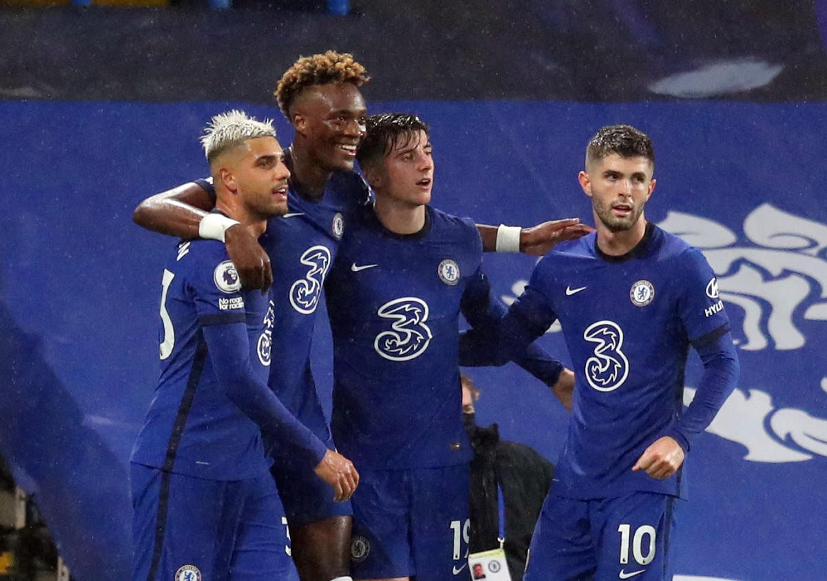  Chelsea's Tammy Abraham celebrates scoring their second goal with Emerson, Mason Mount and Christian Pulisic. Credit: Reuters. 